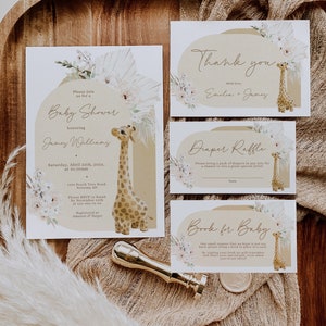 Boho giraffe baby shower invitation set diaper raffle book request printable, modern giraffe baby shower invitation bundle,  - C141