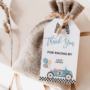 Blue race car birthday thank you tag template, editable favor tag for boys, racing party gift tags, blue balloons thank you gift tag - C271