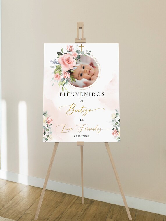 Cartel bienvenida bautizo niña para imprimir, girl baptism welcome board spanish, cartel de bienvenida a bautizo, christening sign spanish Il_570xn