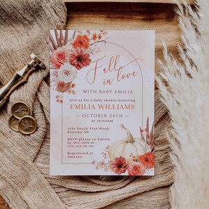 Fall in love orange baby shower invitation for a little girl, boho arch floral baby shower invitation card, baby shower autumn invite - C328