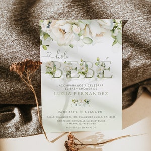 Hola bebe spanish baby shower invitation printable, invitacion para baby shower en español, floral girl baby shower invite in spanish - C193