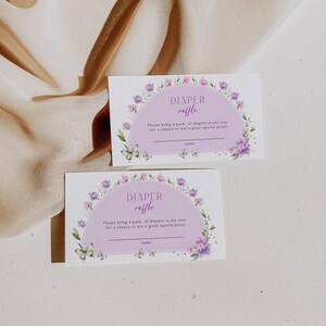 Purple baby shower diaper raffle card printable, lilac arch floral baby shower diaper raffle ticket, floral diaper raffle game card - C548