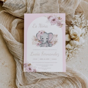 Invitacion para baby shower en Español, arch pink elephant baby shower invitation girl in spanish, spanish baby shower invite editable
