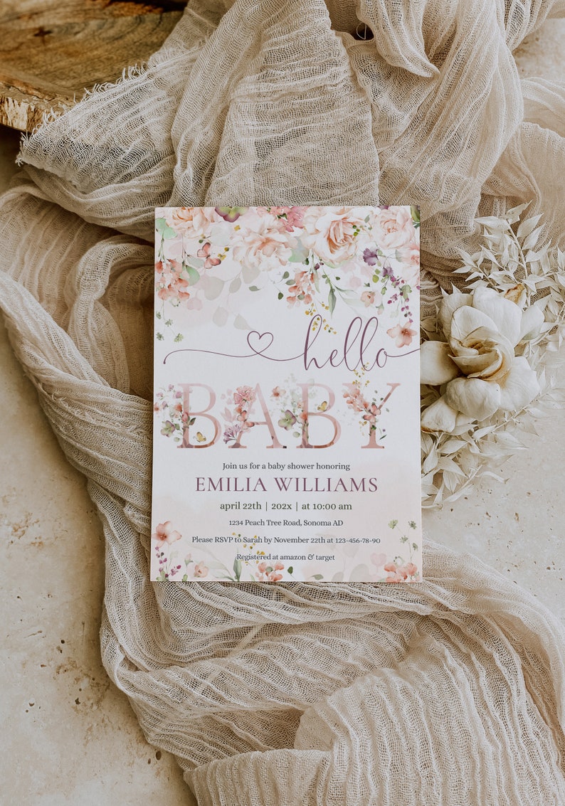 Blush pink floral hello baby invitation template, floral baby shower invitation for girl, floral girl invite, baby brunch sprinkle - C134 image 4