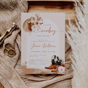 A little cowboy baby shower invitation card prinable, wild west baby shower invite bundle, boho hat boots baby shower invitation decor -C413
