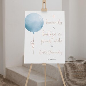 Bautizo & primer añito welcome sign printable, cartel de bienvenida bautizo welcome sign, gold blue balloon primer añito welcome sign - C132