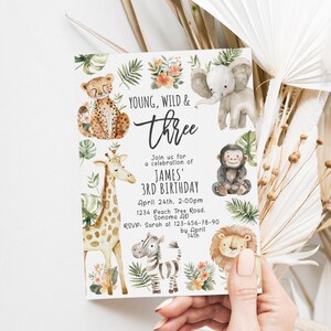 Young wild & three birthday invitation printable, gender neutral safari 3rd birthday invitation, safari animals birthday invitation - C789