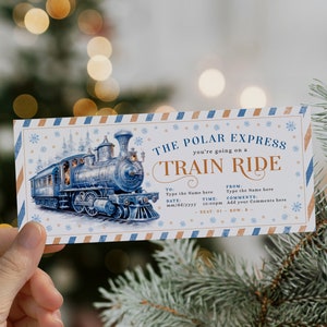 Christmas train gift surprise ticket, weekend away road trip, blue polar train gift ticket for travel, boarding pass train ticket printable