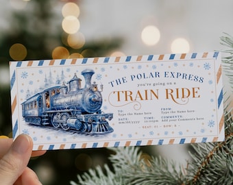 Christmas train gift surprise ticket, weekend away road trip, blue polar train gift ticket for travel, boarding pass train ticket printable