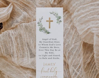 Green eucalyptus first holy communion bookmark printable, green and gold baptism bookmark, minimalist first holy communion bookmark - C100