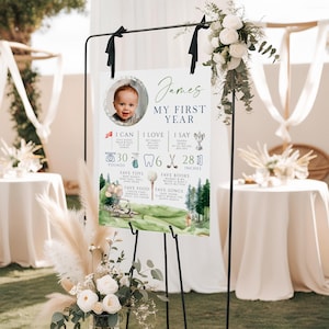 Golf birthday milestone poster printable, sports theme 1st birthday milestone with photo, golf cart and flag 1st bday milestone board - C646