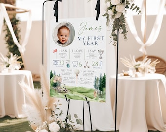 Golf birthday milestone poster printable, sports theme 1st birthday milestone with photo, golf cart and flag 1st bday milestone board - C646