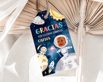 Gracias tag cumpleaños con foto astronauta en espanol, boy birthday galaxy gift tags, space b-day party thank you card spanish template-C250