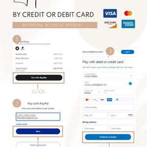 May include: A step-by-step guide on how to pay for an Etsy purchase using PayPal or a credit or debit card. The image shows a screenshot of the payment process, with instructions and buttons for each step. The text "How to PAY via PayPal" is at the top of the image.