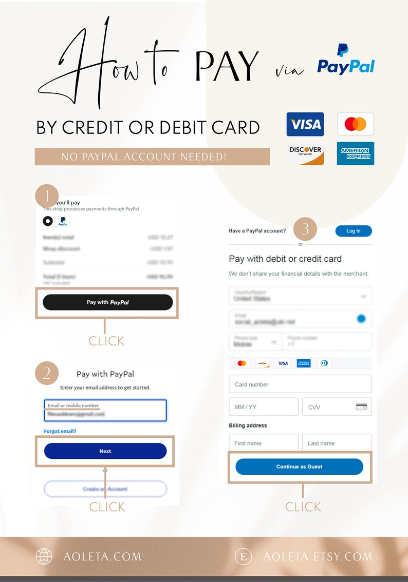 May include: A step-by-step guide on how to pay for an Etsy purchase using PayPal or a credit or debit card. The image shows a screenshot of the payment process, with instructions and buttons for each step. The text "How to PAY via PayPal" is at the top of the image.