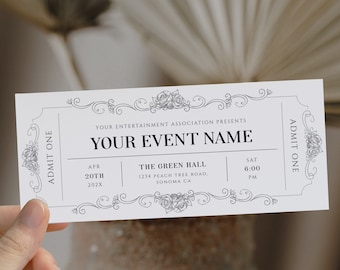 Event ticket template, editable event tickets, birthday concert ticket surprise, event black golden ticket DIY, printable present coupon