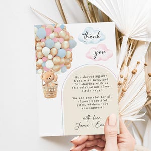 Blue and pink balloons baby shower thank you card printable, cute bear gender reveal thank you card, bear baby shower thank you card - C429