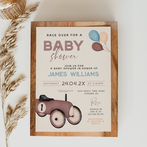 Race over for a baby shower invitation card, little racer boy baby shower invite printable, vintage race cars boy baby shower invite - C272
