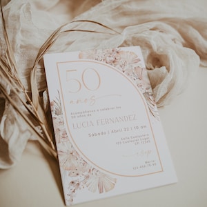 Invitación de 50 años mujer, spanish 50th birthday surprise invitation, all ages adult birthday invitation printable, boho bday invite