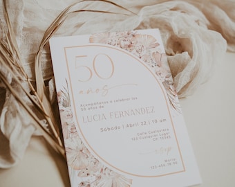 Invitación de 50 años mujer, spanish 50th birthday surprise invitation, all ages adult birthday invitation printable, boho bday invite