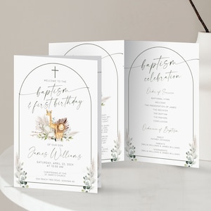 May include: A baptism and first birthday invitation with a green and white color scheme. The invitation features a watercolor illustration of a giraffe and a lion with a cross and the text "Welcome to the baptism & first birthday of our son James Williams". The invitation also includes the date, time, and location of the event.