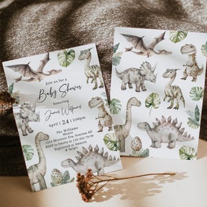 Little dino baby shower invitation printable, boy dinosaur t-rex baby shower invitation, neutral watercolor dino baby shower invite - C793
