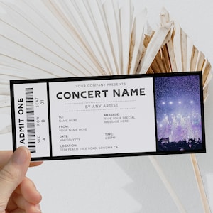 Event ticket template, editable event tickets with photo, birthday concert ticket surprise, musical artist ticket printable present coupon