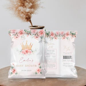 Little princess baby shower chip bag label printable, roses baby shower chip bag label, floral gold crown baby shower chip bag label - C483
