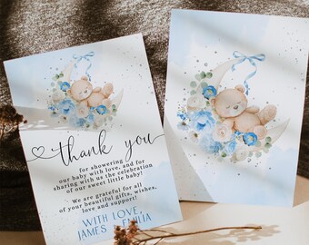 Boy Bear Thank You Card Printable Blue Floral Moon Baby Shower Insert Card - C753-b