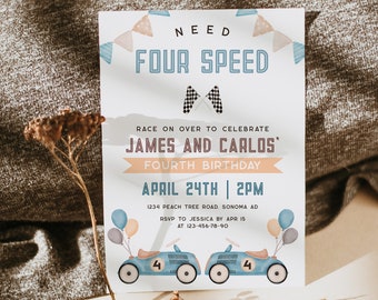 Twins boy 4th birthday invitation printable, twins boy blue race car birthday party invitation, twins need four speed party invitation -C273