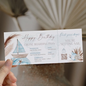 Cruise ticket template boarding pass gift voucher, surprise trip ticket, travel ticket printable, bohemian cruise ticket gift, cruise card