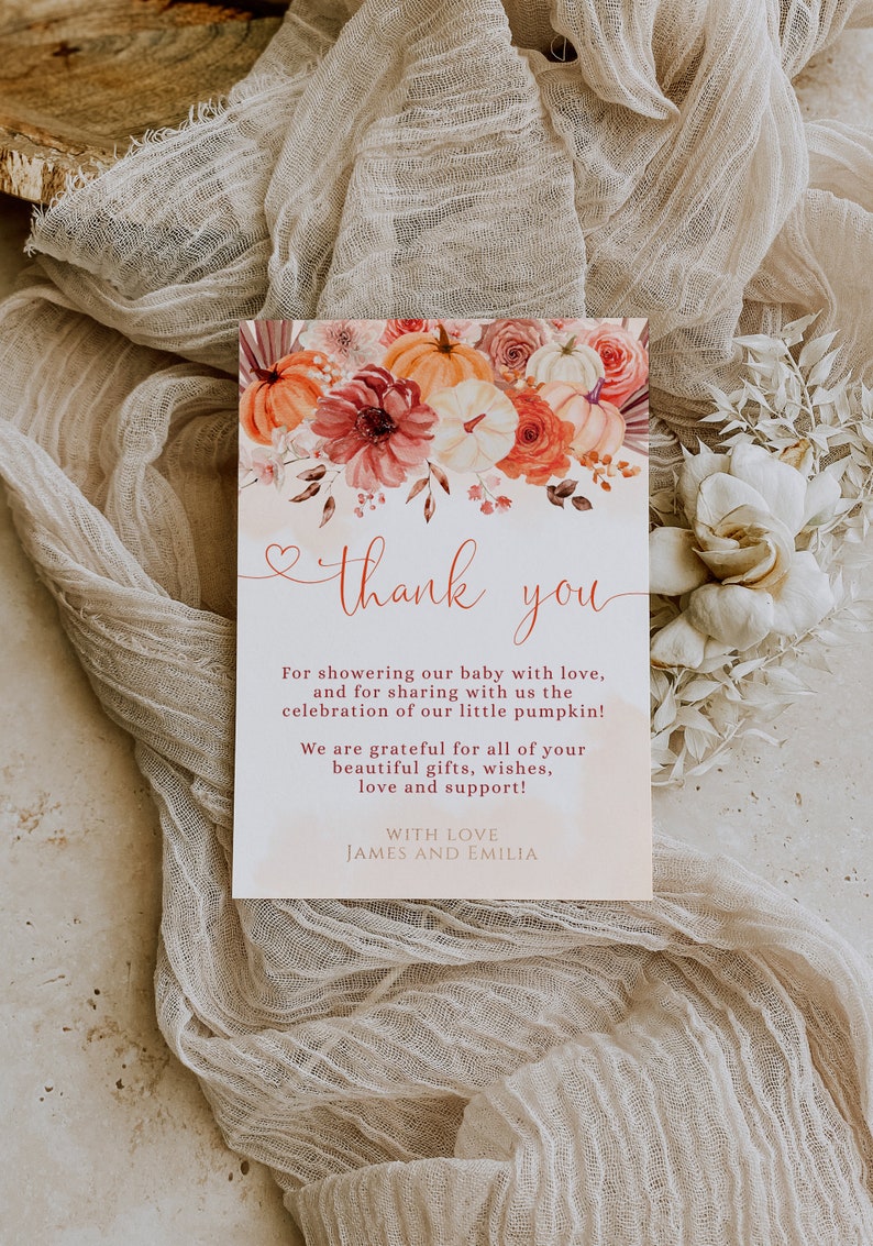Fall Baby Shower Thank You Note, Pumpkin Floral Thank You Card Baby