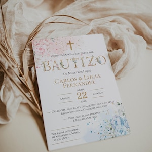 Blue and pink floral twins spanish bautizo invite printable, spanish boy and girl twins baptism invite, invitacion bautizo en espanol - C1-t
