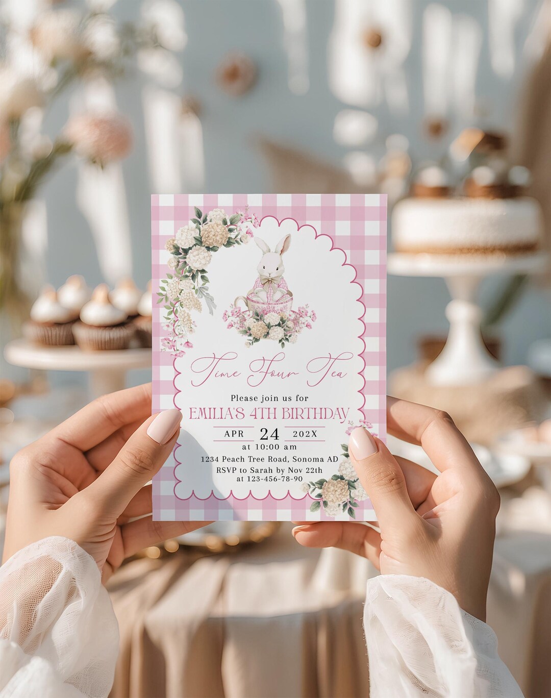Time Four Tea Invitation Bunny Pink Plaid Girl 4th Birthday Invitation Printable Time Four Tea ...