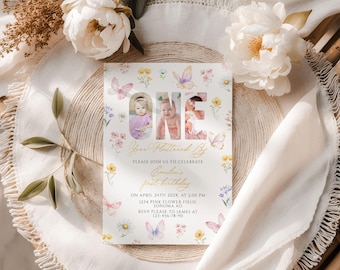 Butterfly Girl First Birthday Invitation With Photo Printable One Year Fluttered By Invite - C926
