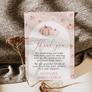 Pumpkins baby shower thank you card printable, fall floral arch baby shower thank you card, pumpkin fall baby shower thank you card - C806