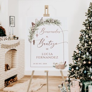 Christmas gingerbread boho bienvenidos bautizo welcome sign decor en español, winter green baptism welcome poster in spanish template - C304