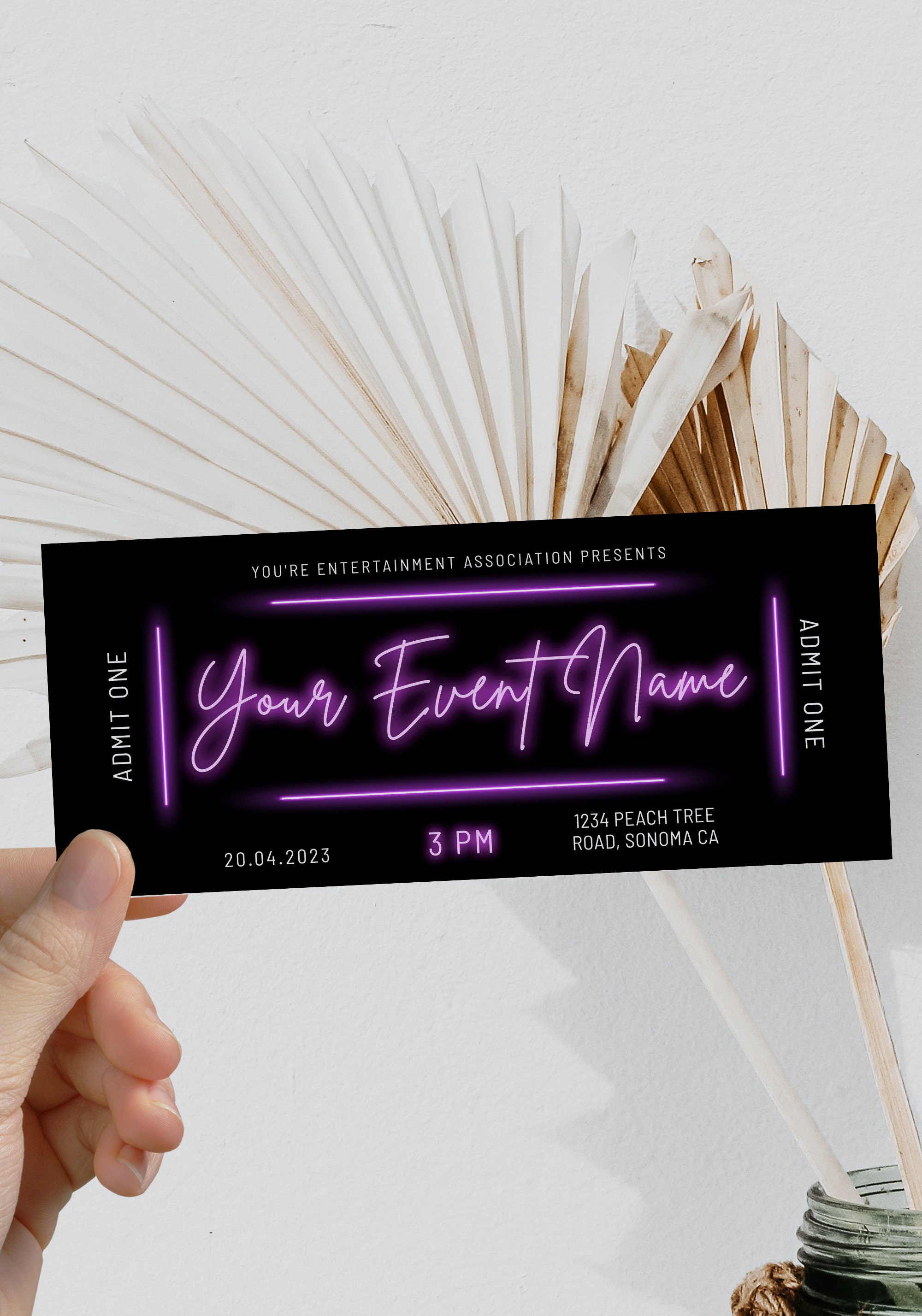 Purple Neon Light Event Ticket Template, Birthday Concert Ticket