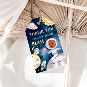Editable outer space favor tags, galaxy thank you card label printable, birthday favors tag, astronaut moon birthday party decorations- C250
