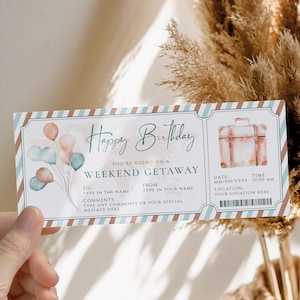 Happy birthday gender neutral weekend getaway ticket printable, birthday trip travel voucher, surprise weekend gifts, weekend getaway coupon