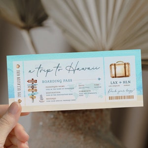 Hawaii surprise boarding pass, Hawaii gift boarding pass, vacation ticket printable airline, flight surprise trip ticket travel to Hawaii