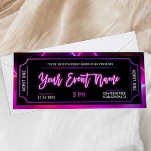 Neon light event ticket template, birthday concert ticket surprise, editable event tickets, neon glow party ticket, printable present coupon