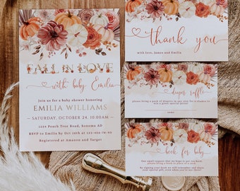 Modern fall in love baby shower invitation set printable, fall floral baby shower suite, boho pumpkin baby shower invites bundle - C327