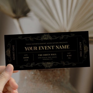 Event ticket template, editable event tickets, birthday concert ticket surprise, event black golden ticket DIY, printable present coupon