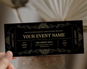 Event ticket template, editable event tickets, birthday concert ticket surprise, event black golden ticket DIY, printable present coupon