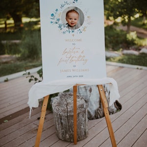 Baptism and 1st birthday welcome poster template, baptism 1st birthday boy sign, boy blue floral baptism and first birthday sign - C208
