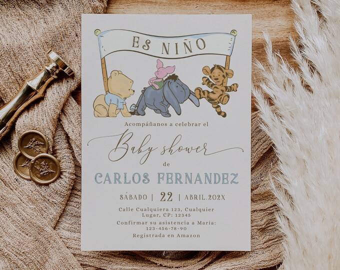 Spanish Classic Winnie the Pooh Baby Shower Invitation, Classic Bear