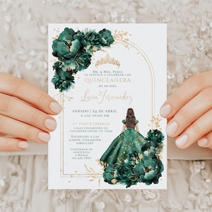 Emerald green quinceañera invitation printable, mis quince invite 15 anos quinceañera, boho 15th birthday party invitation princess - Q282