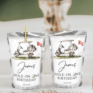 Hole-in one birthday juice bag label printable, golfing 1st birthday juice bag wrapper, golf cart and flag birthday party juice label - C649