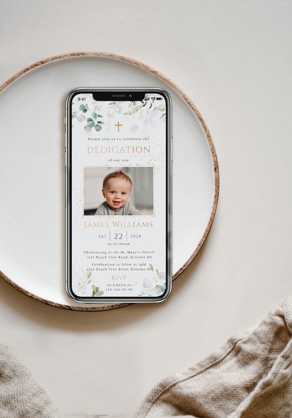 Electronic greenery baby dedication invitation, green gold baptism invite with photo, christening evite, text message baptism evite Il_570xn